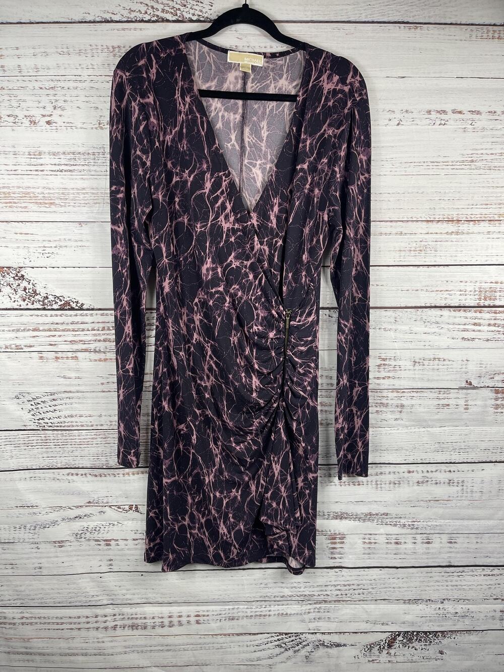 MICHAEL Michael Kors Dress Womens 12 Black Pink Tie Dye Wrap Bodycon Long Sleeve